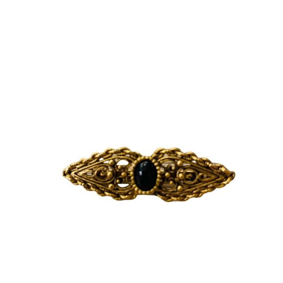 Vintage Victorian Style Brooch Goldtone Black Pin Filigreee Intricate 2" Length - Picture 3 of 16